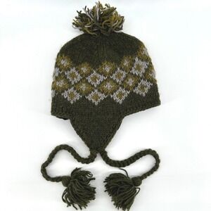 Made In Nepal Knit Gorpcore Wool Earflap Beanie Hat Fair Isle Green Fleece Lined
